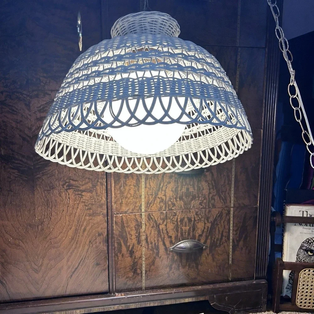 Vintage White Wicker Rattan Hanging Light Fixture Woven Shade Swag Lamp Retro
